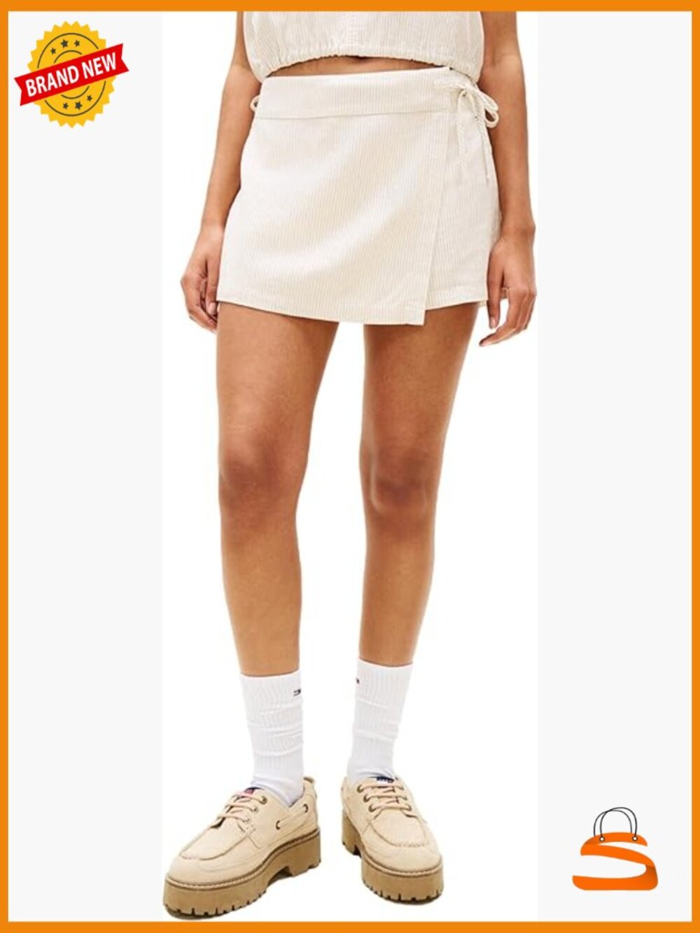 Linen Mini Skort with Adjustable Waist Tie Striped